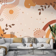 the living room is decorated in pastel colors and features an artistic wallpaper design