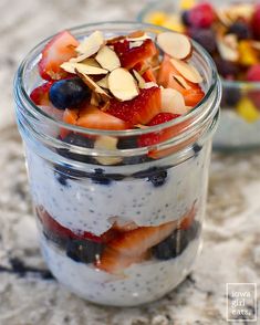 fruit salad in a jar with almonds and blueberries