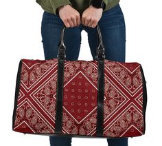 * Maroon Bandana Carpet Travel Bag, Valentine's Day Gifts for Weekender Bag, Overnight Bag All of our Travel Bags are custom-made-to-order and handcrafted to the highest quality standards. ** Add style to your luggage collection with a custom printed travel bag! ** Features a vibrant print on premium water-resistant and waterproof fabric. This bag is NOT made from pieces of old carpeting. It is POLYESTER. It is made-to-order and shipped directly to you from our production partner's facility in C Cheap Red Vacation Bags, Rectangular Weekender Bag With Dust Bag For On-the-go, Red Box Bag With Handles For Travel, Rectangular Duffle Bag With Removable Pouch For Daily Use, Red Rectangular Box Bag For Travel, Rectangular Travel Bag For On-the-go, Rectangular Travel Bag, Rectangular Duffle Bag For Daily Use, Red Rectangular Weekender Bag For Travel