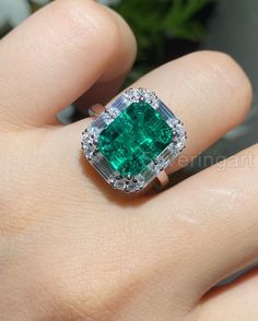 Huge Quality Octagon Emerald & Baguette Diamond Engagement Ring, White Gold Ring, May Birthstone Emerald, Thanksgiven Ring, Dainty Halo Ring Ring information: Main stone : Natural Emerald & Diamond  Metal type:  Yellow Gold Stone Cut / Shape : Faceted / Octagon & Baguette, Round Birthstone : May Month Metal stamp / Hallmarked : Yes Certificate : Yes This listing is only for one ring * Customization is always welcome and please feel free to contact with me if you have any design ideas! IMPORTANT: Luxury Gia Certified Emerald Cut Gemstones, Luxury Emerald Cut Gemstones For Anniversary, Emerald Cut Diamond Fine Jewelry, Green Baguette-cut Platinum Jewelry, Luxury Emerald Ring With Baguette Cut And Accent Stones, White Gold Emerald Ring With Baguette Cut, Luxury Octagon Halo Setting Ring, Luxury Emerald Gemstones With Accent Stones, Luxury Diamond Ring With Emerald Accent Stones