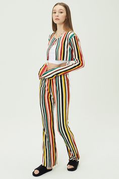 Nadua Striped Plisse Pants Elasticized waistband Loose fit lounge pants Multi color striped pattern * Product Specification 100% Polyester * Flat Measurement: S/M: Waist: 32.5cm (13in) / Hip: 36cm (14.2in) / Thigh: 24cm (9.4in) / Rise: 27cm (11in) / Hem: 31.5cm (12.4in) / Length: 102cm (40.2in) / M/L: Waist: 33cm (13in) / Hip: 39cm (15.3in) / Thigh: 25cm (10in) / Rise: 32cm (12.5in) / Hem: 31.5cm (12.4in) / Length: 104cm (41in) * Professional Clean Only / Do Not Tumble Dry Model's height is 5′ 9″ (177cm) Bust 32.5in Waist 23in Hip 34.5in and wearing S/M 사이즈 정보Size information (단위:cm)(Unit : inch) S/MS/M 사이즈 정보 Size information 허리Waist 32.512.8 엉덩이Hip 3614.2 허벅지Thigh 249.4 밑위Rise 2710.6 밑단Hem 31.512.4 총장Length 10240.2 M/LM/L 사이즈 정보 Size information - 위의 실측사이즈는 '단면의 길이'입니다. 참고해 주세요.- 사이즈는 측정 Striped Stretch Pants For Loungewear, Trendy Striped Pants For Loungewear, Stretch Striped Pants For Loungewear, Striped Ankle-length Loungewear Pants, Spring Multicolor Striped Bottoms, Multicolor Vertical Stripes Bottoms For Spring, Spring Multicolor Vertical Stripes Bottoms, Plisse Pants, S M