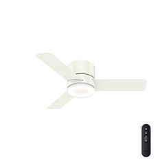 a white ceiling fan and remote control on a white background with the light turned off