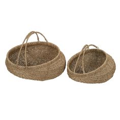 two woven baskets with handles on white background