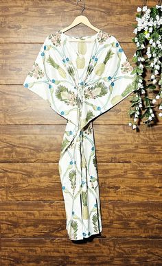 Night Dress Cotton, White V-neck Kaftan With Floral Print, White Floral Print V-neck Kaftan, Luxury V-neck Floral Embroidered Kaftan, Printed Kaftan, Bohemian Floral Print Floor-length Kaftan, Bohemian Floor-length Floral Print Kaftan, Hospital Gown, Cotton Kaftan