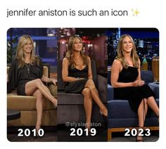 three pictures of the same woman sitting on a couch in different outfits, and one has her legs crossed