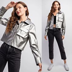 You'll Be Arriving Right On Time As The Life Of The Party In This Xena Metallic Jacket With Cargo Pockets! This Silver Metallic Pu Jacket Features A Color Neckline, Cargo Pockets, A Cropped Fit, And Functional Front Buttons. This Jacket Looks Great Paired With Jeans And Boots Or Dress It Up Over A Sweater Dress! Color: Silver Metallic Fabric: 100% Pu The Fit: Tts / Cropped Fit Sizing: Small - Us Women's 2-4 Medium - Us Women's 6-8 Large - Us Women's 10-12 Winter Outerwear With Pockets For Parties, Casual Metallic Outerwear For Party, Winter Party Outerwear With Pockets, Metallic Outerwear For Party, Trendy Metallic Outerwear For Fall, Casual Long Sleeve Cropped Jacket For Party, Metallic Outerwear For Work, Casual Metallic Outerwear For Fall, Metallic Outerwear With Pockets For Fall