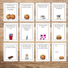 four different cards with pictures of food and words on them, one has a cookie