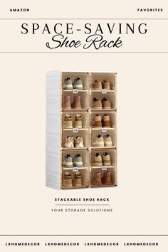 the space saving shoe rack is shown with six rows of shoes in it and four shelves on