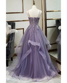 Get 10% off now! Buy beautiful purple ruffled prom dress with appliques at cheap price online. Free stable shipping and pro custom service since 2009. Layered Prom Dress, Top Prom Dresses, Ruffle Prom Dress, Long Formal Gowns, Homecoming Party, Spaghetti Strap Prom Dress, V Neck Prom Dresses, Floor Length Prom Dresses, Purple Prom Dress