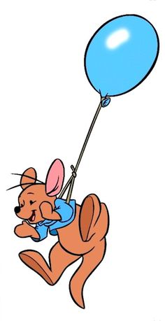 a cartoon mouse flying with a blue balloon