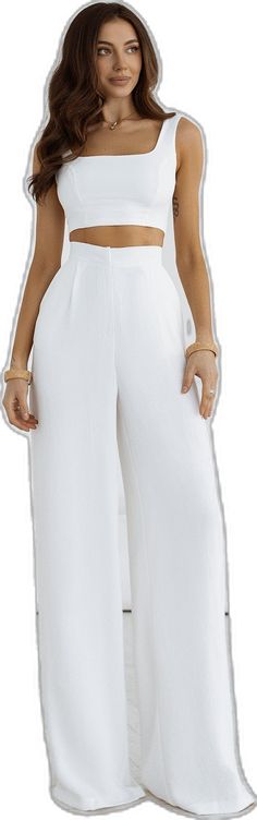 Solid Color Summer Jumpsuits With Wide-leg Pants, Solid Color Summer Jumpsuits And Rompers With Wide-leg Pants, Summer Solid Color Wide-leg Jumpsuits And Rompers, Summer Wide-leg Jumpsuits And Rompers In Solid Color, Chic High Waist Pant Set For Summer, High-waisted Jumpsuits And Rompers For Summer, White Stretch Wide Leg Jumpsuit, White Stretch Wide Leg Jumpsuits And Rompers, White Stretch Wide-leg Jumpsuit