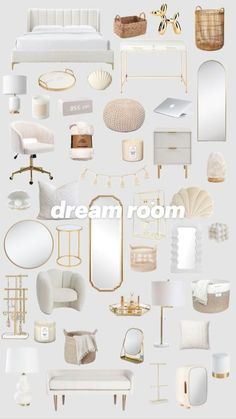 an assortment of white furniture and accessories on a gray background with the words dream room above it