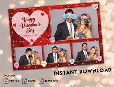 a valentine's day photo booth with two people in the background and hearts around them