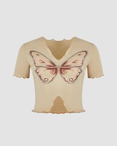 Details: Beige short-sleeve top with front butterfly printLength: NormalSleeve Length: Short sleevesMaterials:95% Polyester + 5% Spandex Retro Butterfly, Butterfly T Shirt, 90s Hip Hop Fashion, Beige Shorts, Womens Windbreaker, Muslimah Fashion Outfits, Womens Parka, Retro Tshirt, Dress Plus Size