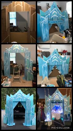 several pictures of an ice castle made out of cardboard and paper machs, including the door