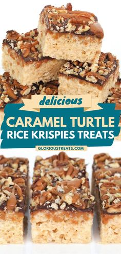 Caramel Turtle Rice Krispies Treats, Easter treats, Easter desserts, sweet treats Turtle Rice Krispie Treats Recipe, Peach Cobbler Rice Krispy Treats, Decadent Rice Krispie Treats, Rice Krispie Treat Packaging Ideas, Pretzel Rice Krispie Treats, Gourmet Rice Krispy Treats, Holiday Rice Crispy Treats, Carmel Rice Crispy Treats, Easter Rice Crispy Treats Ideas