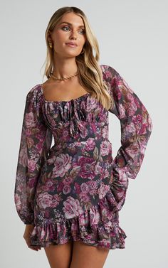 Get ready to turn heads in the stunning Grizela Mini Dress! This A-line dress features a gathered bust and long sleeves, creating a flattering silhouette that is perfect for any party day. The vibrant harvest floral print adds a touch of femininity, while the pink color adds a fun and playful vibe. Made from spandex, this mini dress offers stretch and comfort for all-day wear. Whether you're hitting the dance floor or grabbing drinks with friends, the Grizela Mini Dress is sure to make you feel 32nd Birthday, Feel Empowered, Stacked Necklaces, Mini Handbag, Birthday Dress, Long Sleeve Mini, The Dance, Balloon Sleeves, Dance Floor