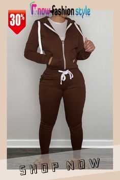 Dark Brown Fashion Casual Solid Zipper Hooded Collar Long Sleeve Two Pieces Sweat Outfits, Outfits Hoodie, Brown Sweatpants, Sporty Set, Sweats Outfit, Outfit Hoodie, Sweatpants With Pockets, Zip Coat, Hoodie And Sweatpants