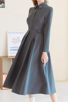 Gray fit and flare shirt dress women 4880 – XiaoLizi Fall A-line Midi Dress For Office, Winter Pleated Long Sleeve Dress, Elegant Long Sleeve Shirt Dress For Office, Elegant Shirt Dress For Office Wear In Fall, Long Sleeve Shirt Dress For Office Wear In Fall, Classic Long Sleeve Office Dresses, Modest Button-up Dresses For Workwear, Solid Long Sleeve Office Lady Dress, Solid Long Sleeve Office Dress