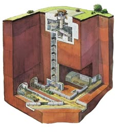 an illustration of a cutaway view of a building with trees on the top and below