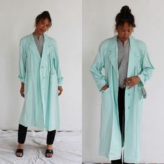 "The color on this duster jacket is absolutely perfect- a bright fresh sky/teal blue, with a button front, deep chore pockets at the front and round big shoulder pads.  By Karizma, 100% cotton. Tagged Sz. 9 Measures: Shoulders: 18\" Chest: 48\" Waist: 50\" Length: 47\" Sleeve: 23\" Condition: new with tags.  FOLLOW US ON INSTAGRAM FOR DEALS AND SNEAK PEEKS! @Wildthingvintage instagram.com/wildthingvintage Twitter: @Wildthingpeck Message me any time for further details or questions. Please note there is a 10% restocking fee on orders cancelled prior to shipment. Returns are upon a case by case basis, and only if the item is not as described. I will happily expedite or overnight shipping at cost upon request. Standard shipping to the US and Canada is 2 weeks. Interested in more than one trea Turquoise Outerwear For Work In Fall, Turquoise Long Sleeve Outerwear For Spring, Turquoise Long Sleeve Outerwear For Work, Blue Retro Distressed Outerwear, Retro Cotton Outerwear Pre-washed, Retro Pre-washed Cotton Outerwear, Vintage Blue Pre-washed Outerwear, Vintage Pre-washed Denim Blue Outerwear, Big Shoulders