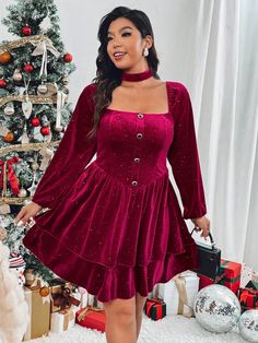 Plus Size Women Red Velvet Shiny Holiday Party Dress, Autumn/Winter Red Party  Extra-Long Sleeve Flannelette Plain A Line Medium Stretch  Women Plus Clothing, size features are:Bust: ,Length: ,Sleeve Length: Xmas Outfits Women Holiday Parties, Holiday Party Dress, Xmas Outfits, Shapewear Tops, 파티 드레스, Dress Christmas, Dress Autumn, Red Party, Holiday Party Dresses