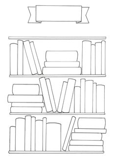 a book shelf with many books and banners on the shelves, all in black and white