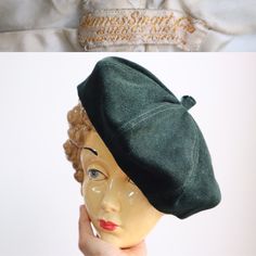 This is a fantastic 1940s suede beret in dark green.  Beautiful shape and stitchings on the suede. Lovely label and lining inside as well. Very nice condition. Inside circumference  - 23"  (I think it will fit well on 22" head, it's large on me, I wear 21.5" hats.) Flat measurement - 9.5" x 9.5" across Vintage Flat Cap Beret For Fall, Vintage Beret For Fall, Berets, Caps Hats, Dark Green, Accessories Hats, Hats, Green