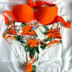 Cupshe Nwt Hibiscus Flower Bikini In Bright Orange. Top Is Size L With Adjustable Straps. Bottom Is Size Xl Orange Top, Hibiscus Flower, Hibiscus Flowers, Green Orange, Bright Orange, Green And Orange, Hibiscus, Womens Swim, Adjustable Straps