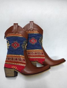 bemyboots.etsy.com Genuine leather custom made ethnic pattern cowboy boots. Very chic and comfy. Every size available. Door to door express shipping. #cowboyboots #westernboots #pointytoe #bohostyle Western Leather Booties With Snip Toe, Western Leather Snip Toe Booties, Brown Western Booties With Snip Toe, Southwestern Style Brown Festival Boots, Leather Bohemian Boots For Rodeo, Bohemian Leather Boots For Rodeo, Western-style Brown Mid-calf Boots For Western-themed Events, Brown Snip Toe Mid-calf Boots For Ranch, Brown Southwestern Style Festival Boots