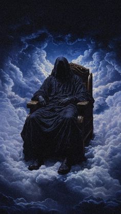 a painting of a person sitting on a chair in the clouds