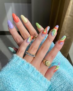 Colorful Mismatched Nails, Multicolored Nail Art, Colorful Abstract Nail Art, Color Pop Nail Art, Simple Nail Art Spring, Fun And Simple Nails, Bold Spring Nails, Multiple Design Nails