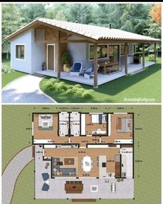 two pictures showing the plans for a small house with an attached porch and living area