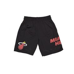 The Miami Heat Mesh Shorts features a screen-printed Heat logo at the left leg with a team wordmark at the right leg.Fabric: 100% Polyester Casual Shorts For Team Events During Sports Season, Black Cotton Bottoms With Logo, Casual Athletic Shorts For Team Events, Casual Team-colored Shorts For Team Events, Casual Shorts For Team Events And Sports Season, Casual Black Bottoms With Logo, Casual Athletic Shorts With Team Logo For Sports Events, Black Logo Print Shorts, Team-colored Bottoms For Summer Sports Events