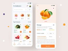 two smartphones with food items on them and one showing an image of oranges