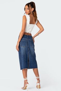 Midi skirt Raw hem Denim fabric 100% Cotton Model wears size S Model height is 5'9 Item care: Wash with similar color Swimwear Dress, Denim Midi Skirt, Denim Fabric, S Models, Model Height, Set Dress, Midi Skirt, Dark Blue, Skirt