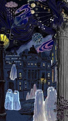 an artistic painting of people dressed in ghost costumes walking down the street at night with buildings and lights behind them