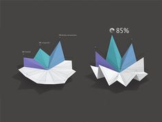 two origami flowers are shown in three different colors and sizes, one is blue the other is white