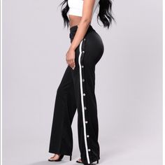 Track Pants That Have Snap Buttons On The Side. No Damages/Stains! Never Worn! Stretch Wide Leg Black Pants For Day Out, Stretch Black Wide Leg Pants For Day Out, Black Trousers For A Day Out, Black Stretch Bottoms For Day Out, Stretch Black Bottoms For Day Out, Black High-waist Wide Leg Pants For Day Out, Black Wide Leg Pants For Day Out, Black Fitted Pants For Day Out, Fitted Black Pants For Day Out