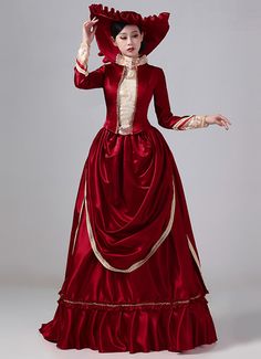 Women 19th Century Red Lace Victorian Bustle Dress Color: Red   Material: This dress made of High Quality Satin, soft,smooth and comfortable to wear  Sleeve Length:  Long Sleeve  Dresses Length:Floor Length  Neckline:  Square Collar  Decoration: Ruffles + Lace  Package Includes:  Dress + Hat   The length of skirt about 45 inches (114 cm) long from waist to hem regardless of size. This dress is pictured with a 6-hoop skirt Petticoat underneath to achieve the look. Petticoat are NOT INCLUDED Vintage Dresses For Banquet, Red Long Sleeve Banquet Dress, Fitted Solid Color Dress For Costume Party, Elegant Long Sleeve Victorian Dress For Fancy Dress, Red Fitted Dress For Banquet, Red Christmas Costume Dress, Fitted Red Dress For Banquet, Fitted Victorian Dress Costume, Elegant Long Sleeve Costume Dress