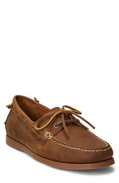 This classic moc-toe boat shoe is crafted from tumbled leather and outfitted with a reinforced heel. Lace-up style Cushioned footbed Leather upper and lining/rubber sole Imported Removable insole Driver Shoes, Leather Boat Shoes, Polo Classic, Boat Shoe, Polo Ralph Lauren Mens, Boat Shoes, Saddle, Polo Ralph, John Lewis