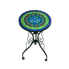 a blue and green table sitting on top of a metal stand