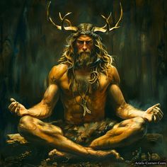 Cernunnos symbolizes power and vigor. The Pan Celtic Cernunnos appears in various forms across ancient cultures. He's linked to figures like Conall Cernach and Saint Ciarán of Saighir in Celtic lore. Neopagans connect him with the Wiccan Horned God, embodying life, death, and rebirth cycles. Some in Luciferianism view Cernunnos as one of Lucifer's manifestations. Cernunnos Art, Cernunnos Tattoo, Pan Mythology, Celtic Spirituality, Celtic Home, Dnd 5, Celtic Images, Sacred Masculine, Celtic Myth