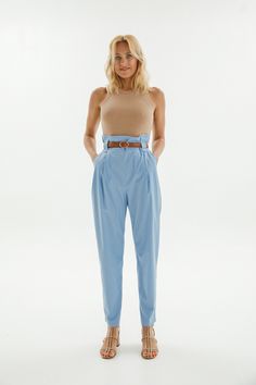 Blue Cotton Pants Outfits, Light Blue And Tan Outfit, Light Blue Trouser Outfit Women, Light Blue Pants Outfit Women, Light Blue Trousers Outfit, Light Blue Pants Outfit, Blue Wide Leg Pants Outfit, Cotton Pants Outfit, Blue Trousers Outfit