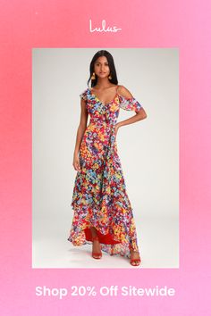 Twirl all of your problems away in the Lulus Radiant Ruby Red Floral Print Chiffon Maxi Dress! Red chiffon, with a yellow, blue, and white floral print, constructs this beautiful asymmetrical maxi dress with a V-neckline and darted bodice. An empire waist and faux wrap bodice are supported by a thick tank strap and a cold shoulder, with an adjustable strap, that are both sweetly accented by ruffle details that carry into the pretty maxi skirt with a tiered ruffle hem. Hidden clasp/zipper at back. Fit: This garment fits true to size. Length: Floor length. Size medium measures 62" from shoulder to hem. Bust: Great for any cup size. Waist: Fitted - very fitted at natural waist. Hip: Not Fitted - fuller skirt allows room for hips. Undergarments: May be worn with a strapless bra, adhesive bra, Multicolor Printed Chiffon Maxi Dress, Multicolor Chiffon Maxi Dress For Garden Party, Red Chiffon Maxi Dress With Floral Print, Multicolor Chiffon Floral Dress For Garden Party, Vibrant Red Maxi Dress With Floral Print, Vibrant Red Floral Print Maxi Dress, Multicolor Flowy Floral Dress For Party, Flowy Multicolor Floral Party Dress, Multicolor Chiffon Floral Dress