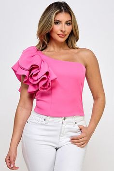 Asymmetrical One Shoulder Ruffle Detail Crop Top Brand: Milk & Honey Style: 39661TL Fabric: 95% Polyester, 5% Spandex Details: Chic Asymmetrical Off-shoulder Top For Summer, Pink Stretch One-shoulder Top, Summer Party Off-shoulder Top With Asymmetrical Neckline, Trendy Pink One-shoulder Top, Trendy One-shoulder Pink Top, Chic Pink One-shoulder Top, Spring Party Off-shoulder Top With Asymmetrical Neckline, One-sleeve Summer Party Blouse, Spring Off-shoulder Top With Asymmetrical Neckline For Party