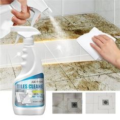 someone is cleaning the tile with a spray