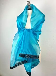 Luxury Turquoise Aqua Blue Organza wrap shawl bolero Winter wedding shrug elegant accessory 200 cm with embroidery , woman scarf blue by bridalspain on Etsy Blue Organza Dupatta For Celebration, Elegant Silk Dupatta Scarf For Wedding, Elegant Light Blue Dupatta For Party, Light Blue Silk Dupatta For Wedding, Elegant Silk Scarf For Wedding And Festive Occasions, Elegant Wedding Silk Scarf For Festive Season, Elegant Wedding Silk Scarf For Festive Occasions, Elegant Turquoise Dupatta For Festive Occasions, Elegant Evening Blue Dupatta