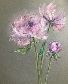 pastel drawing of three flowers in a vase