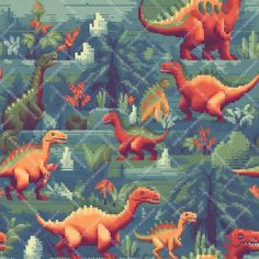 an image of dinosaurs in the jungle with trees and plants on blue background, suitable for wallpaper or fabric